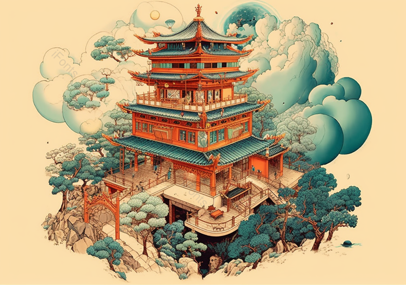 高山雨雾中的中国风国潮楼阁插画,插画/手绘图,插画/手绘图库,插画/手绘图下载,插画/手绘